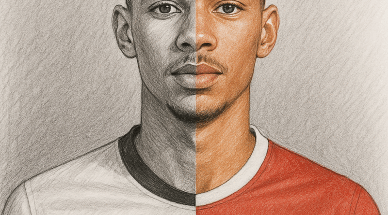 Sketch of Hugo Ekitike in half Liverpool and half Eintracht Frankfurt jersey