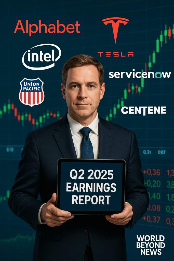 Q2 2025 US Earnings Report showing company logos of Alphabet, Tesla, Intel, and stock market trends