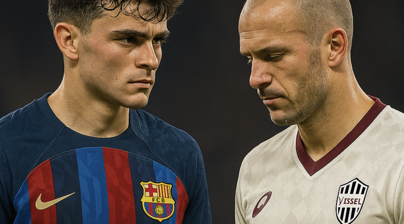 A digitally enhanced news-style portrait featuring an intense face-off between FC Barcelona and Vissel Kobe players.