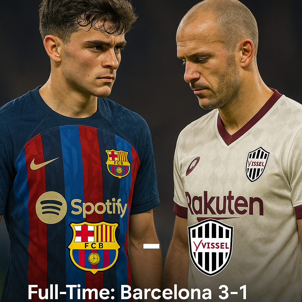 A digitally enhanced news-style portrait featuring an intense face-off between FC Barcelona and Vissel Kobe players. The Barcelona star stares confidently at his Vissel Kobe counterpart, who looks down in defeat. Club logos and final score “Full-Time: Barcelona 3–1 Vissel Kobe” are overlaid at the center, with subtle stadium lighting and clean sports banner layout.