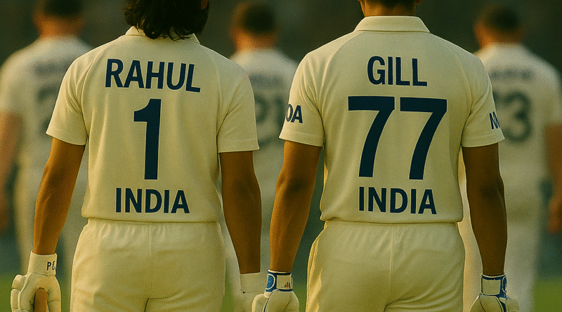 India vs England Test at Old Trafford: KL Rahul and Shubman Gill celebrate in Indian Test jerseys, showcasing jersey names and numbers under caption 'From Collapse to Comeback'