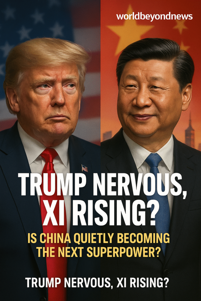 Trump China Relations: A digitally illustrated news-style image of a tense Donald Trump and a confident Xi Jinping, symbolizing the evolving U.S.-China power dynamics and trade negotiations in 2025.