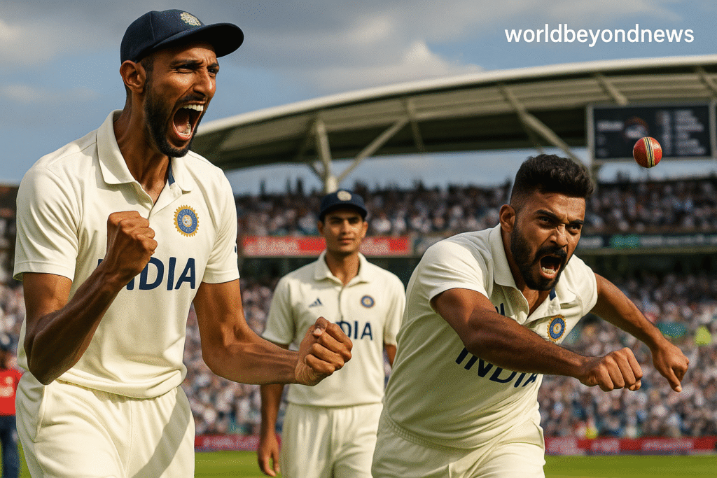 Digital illustration of a cricket match featuring players in official India and England jerseys on a green field, mid-action. The style mimics a photo-realistic news magazine cover with enhanced lighting and a clean overlay. The top-right corner includes the branding “worldbeyondnews” in small font.