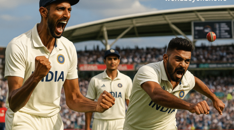 Digital illustration of a cricket match featuring players in official India and England jerseys on a green field, mid-action. The style mimics a photo-realistic news magazine cover with enhanced lighting and a clean overlay. The top-right corner includes the branding “worldbeyondnews” in small font.