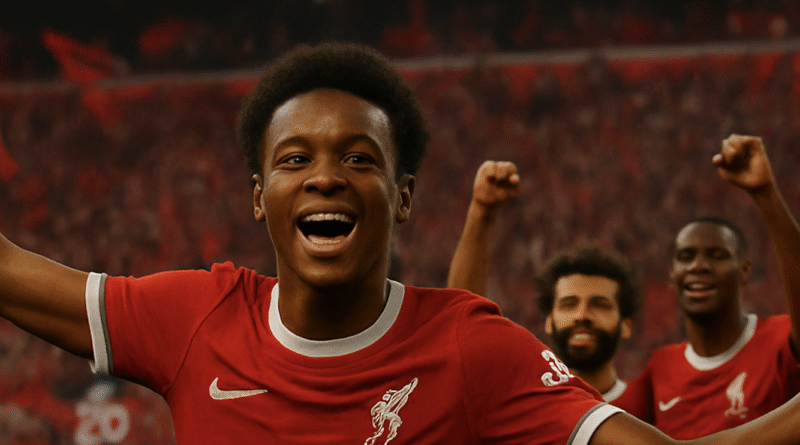 Liverpool vs Athletic Bilbao Friendly – Rio Ngumoha celebrates goal at Anfield with Salah and Ekitiké in the background, under the iconic 'This is Anfield' sign.