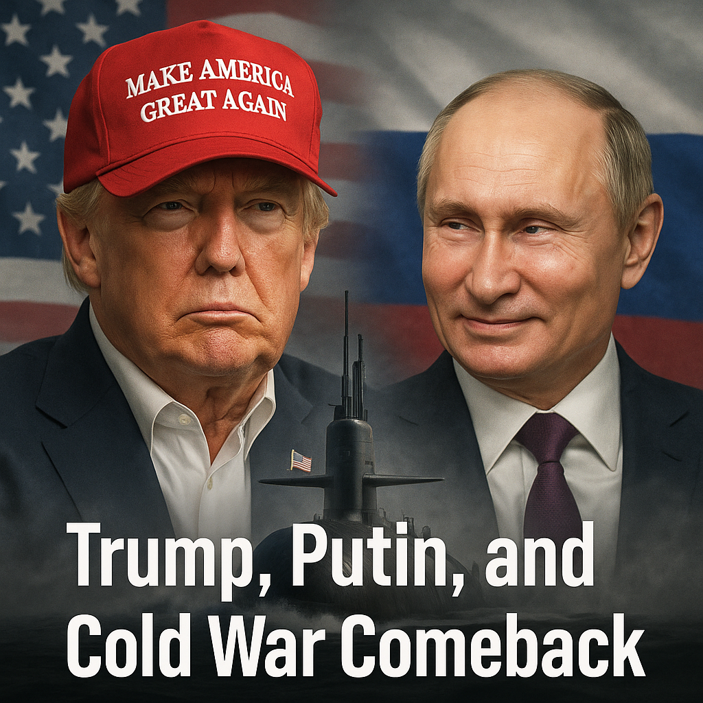 Trump and Putin facing off amid nuclear warship and frosted national flags – symbolizing the resurgence of Cold War tensions in Trump Russia relations.