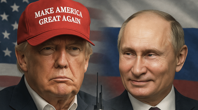 Trump and Putin facing off amid nuclear warship and frosted national flags – symbolizing the resurgence of Cold War tensions in Trump Russia relations.