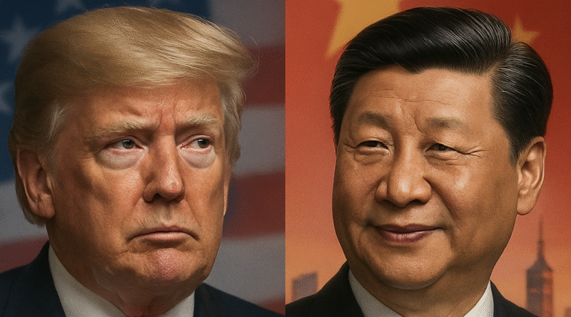 Trump China Relations: A digitally illustrated news-style image of a tense Donald Trump and a confident Xi Jinping, symbolizing the evolving U.S.-China power dynamics and trade negotiations in 2025.